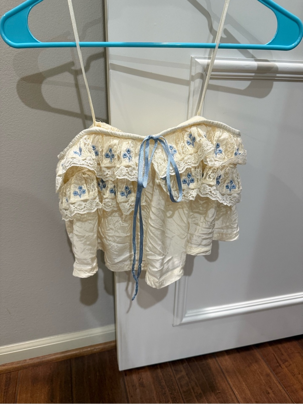 Free People Cream Lace strapless top with Blue Embroidery